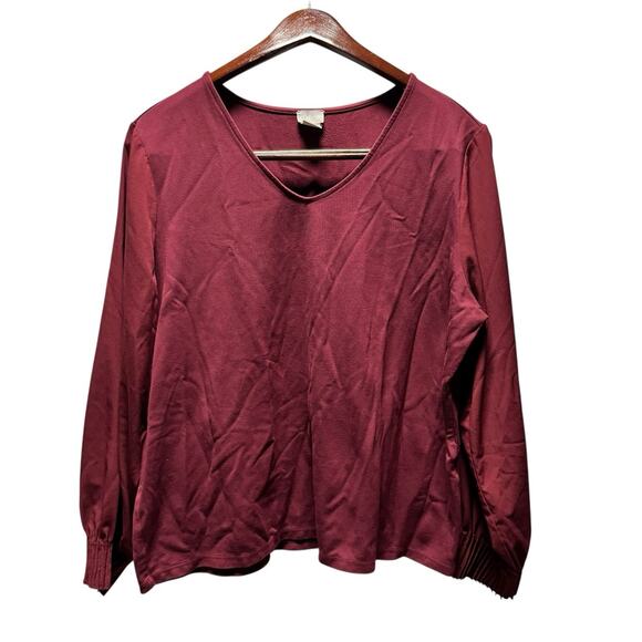 Chicos Ponte 3 Maroon Gathered Cuff V Neck Blouse Shirt XL Office Wear - Picture 1 of 5